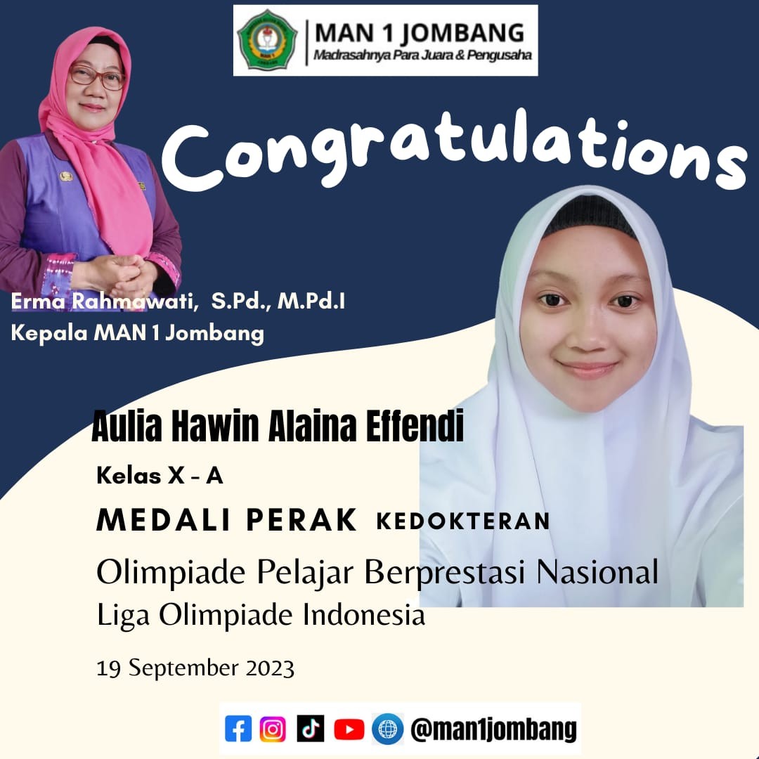 Siswa Berprestasi MAN 1 Jombang: Aulia Hawin Alaina Effendi Raih Perak Liga Olimpiade 