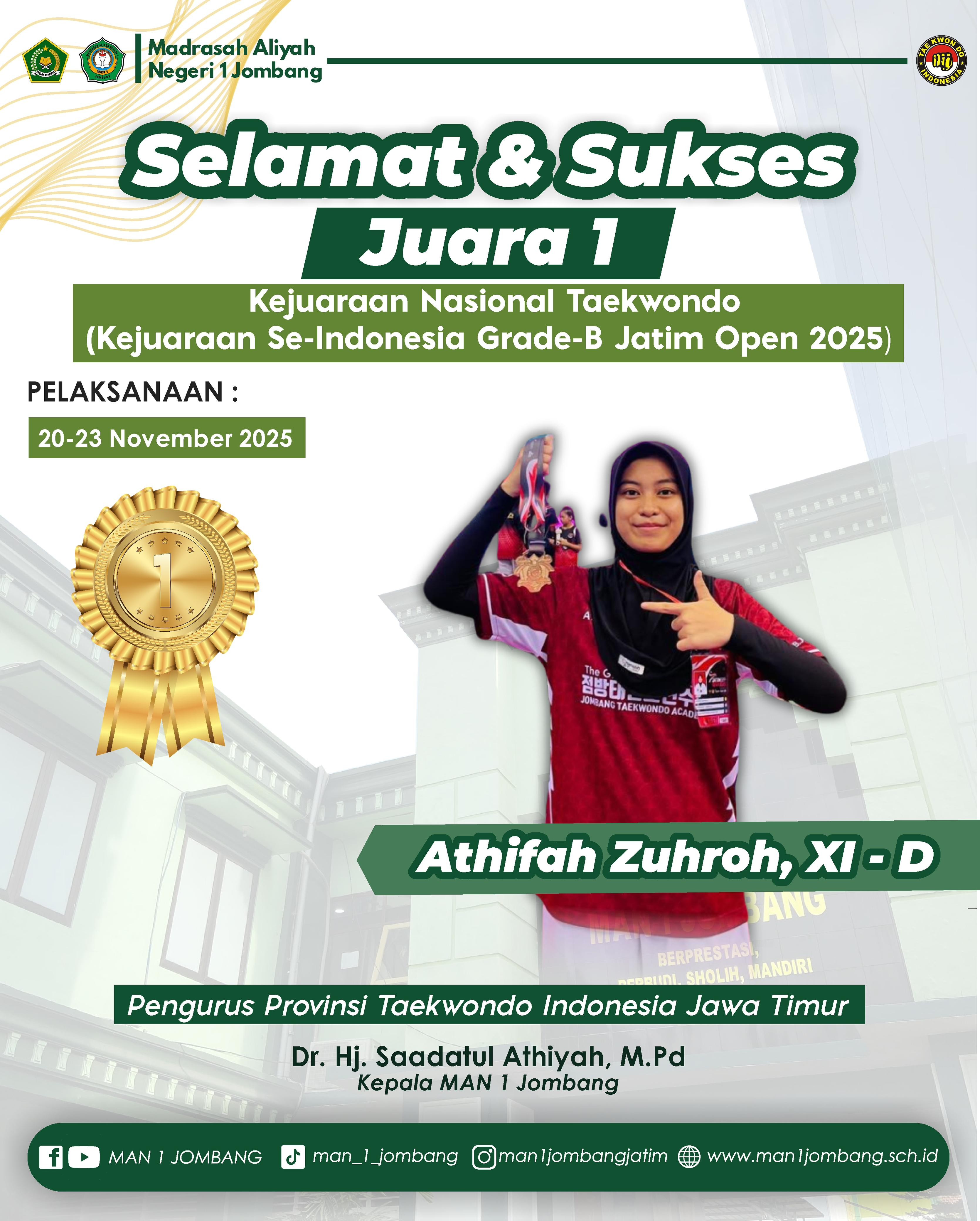 Athifah Zuhroh Raih Emas di Kejuaraan Nasional Taekwondo Jatim Open 2025