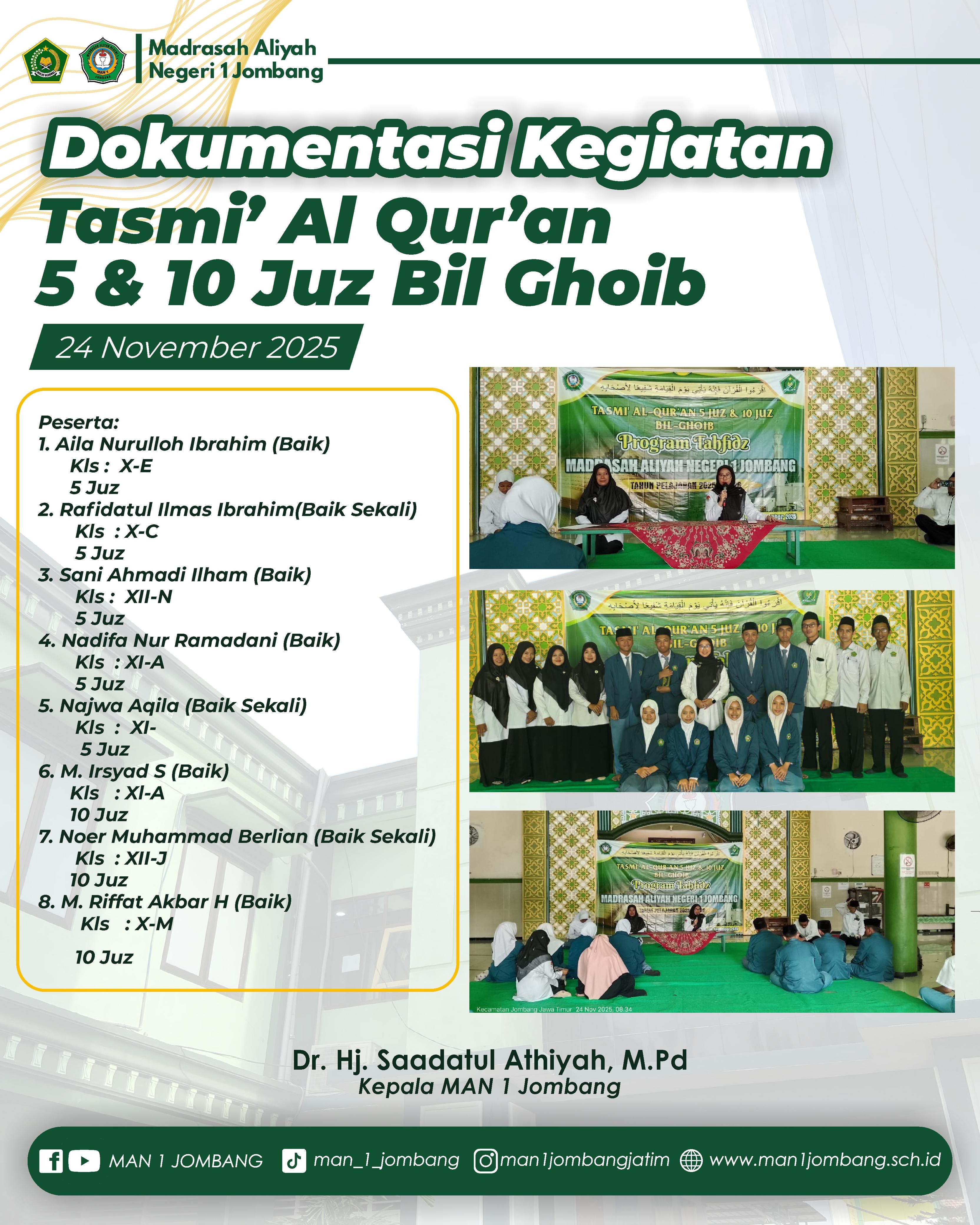 Jejak Cahaya Hafalan: MAN 1 Jombang Gelar Tasmi` 5 & 10 Juz Bil Ghoib 2025